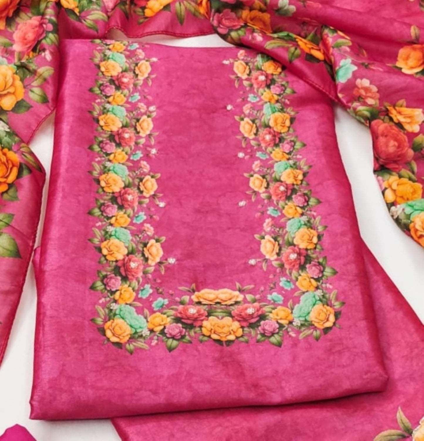 Leeli Peeri Designer Women's Vichitra Silk Floral Printed Unstitched Salwar Suit Dress Material