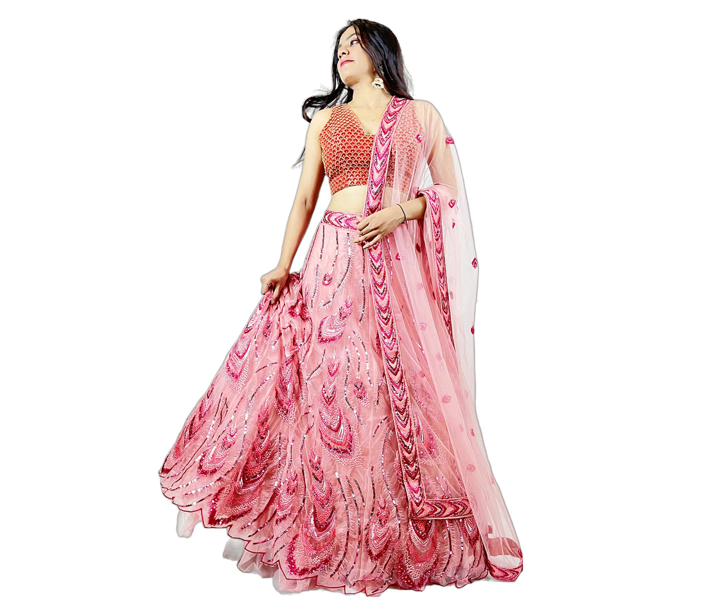 Ethnic Riwazzs - Bringing Heritage to You Women's Net & Pure Silk Embroidered Semi-Stitched Lehenga Choli with Dupatta (Pink Frill-Wedding-Bridal-Latest-Lehenga; Free Size)