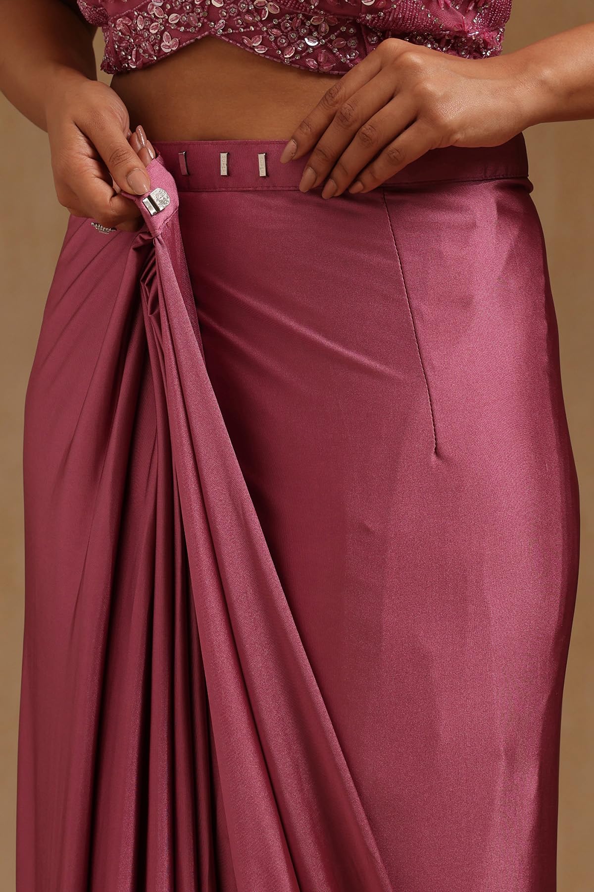 Soch Womens Blush Pink Spandex Solid Ready To Wear Saree