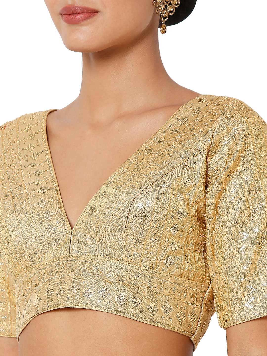 S SALWAR STUDIO Women's Dark Gold Tissue Embroidered Readymade Saree Blouse-SSB4201-DAGO