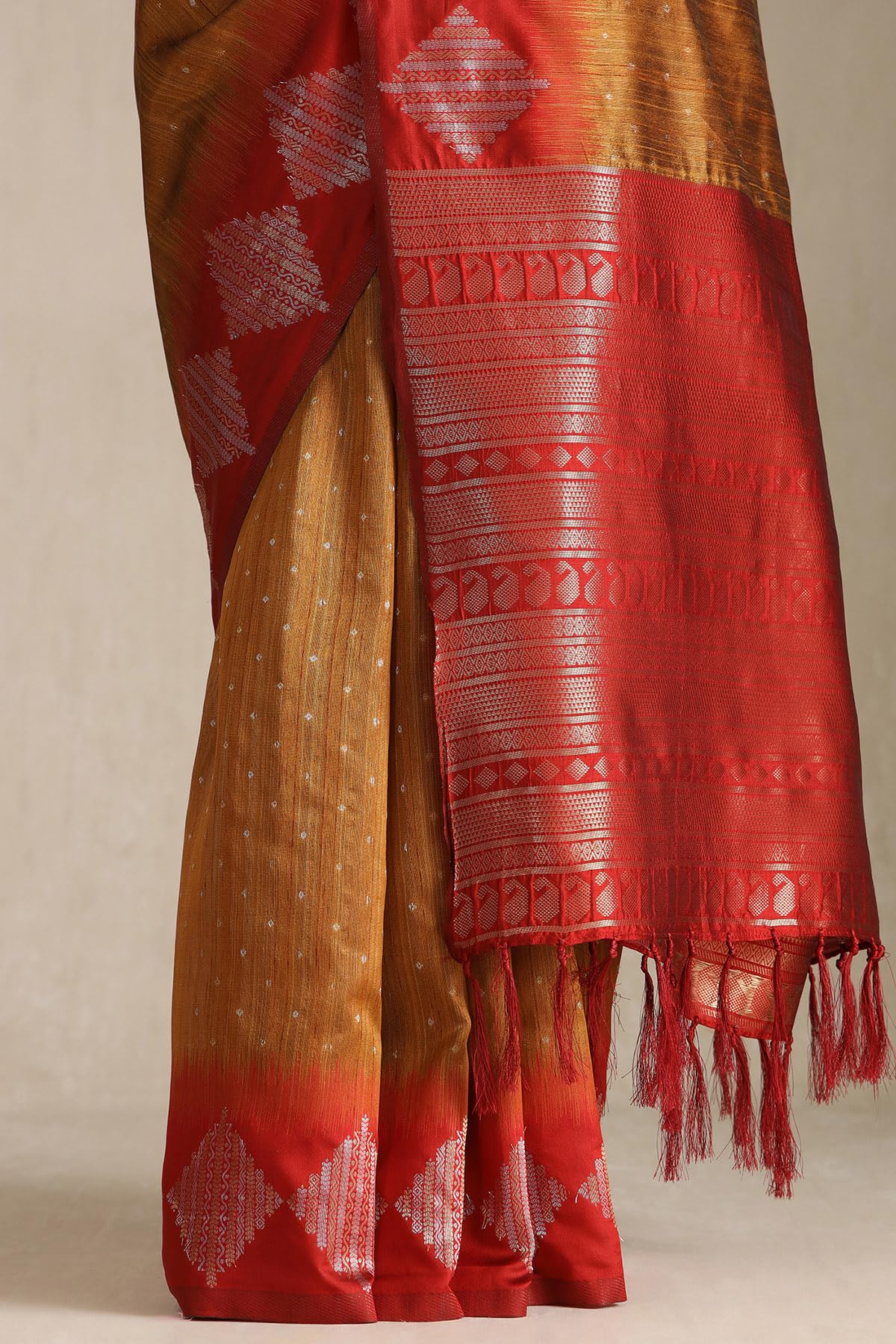 Soch Womens Mustard Tussar Zari Woven Saree With Zari Woven