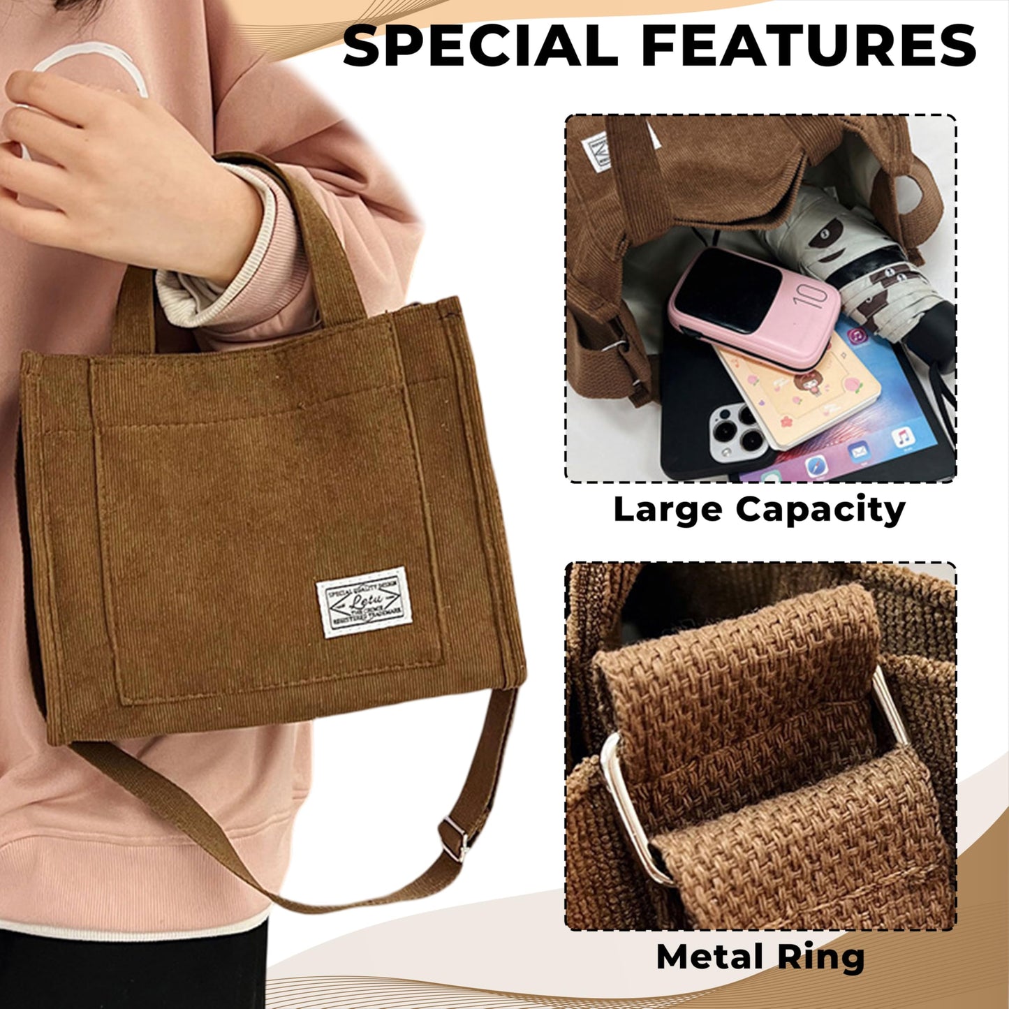 Kraptick Canvas Tote Bags – Stylish Shoulder Tote Bag Everyday Use For Women Reusable Compact Tote Bag Perfect as a Grocery, Shopping Bags for Grocery (Plain Brown)