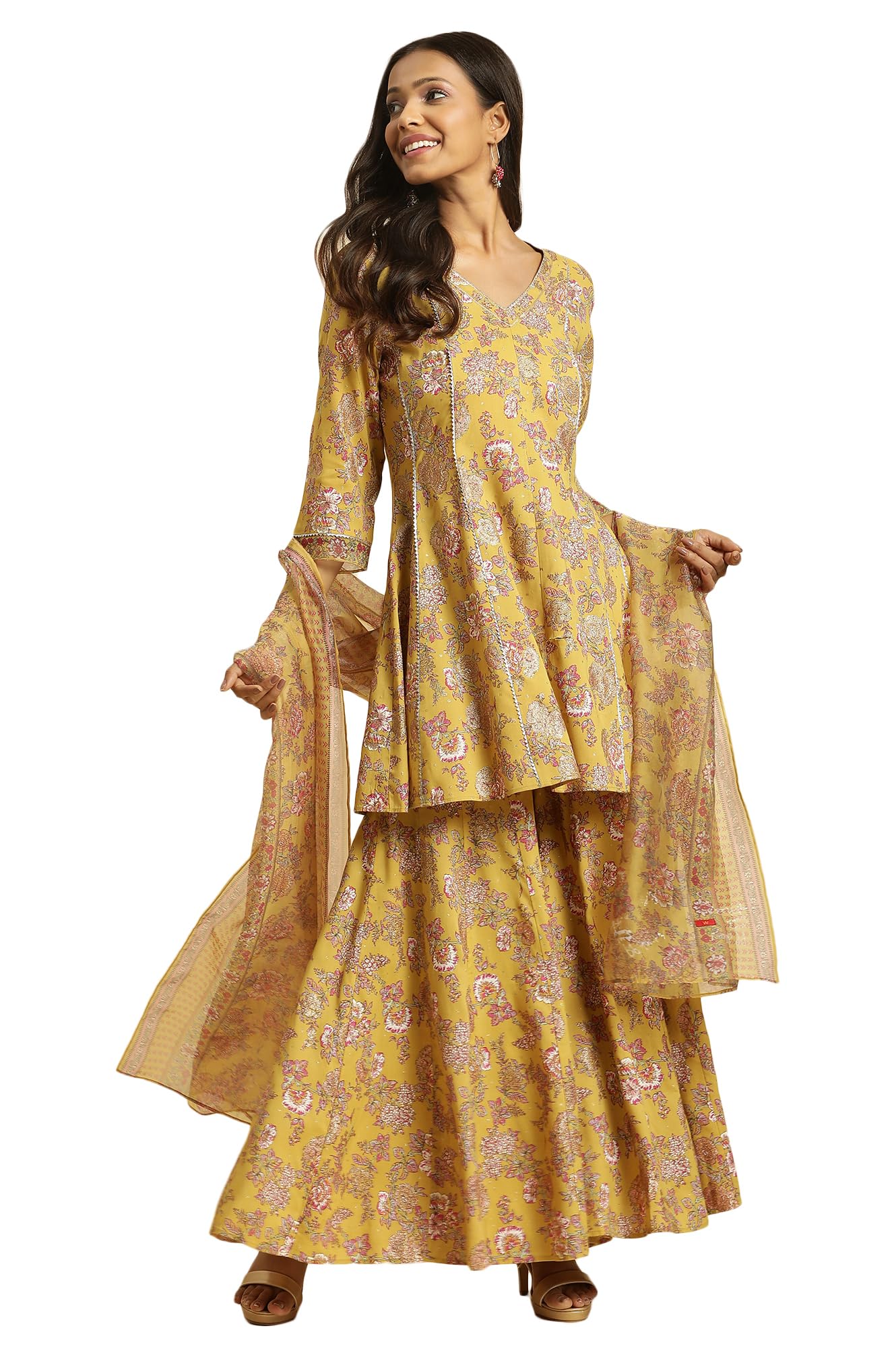 W for Woman Yellow Floral Printed Short Flared Kurta, Sharara and Dupatta Set_24AUWS19717-121051_2XL