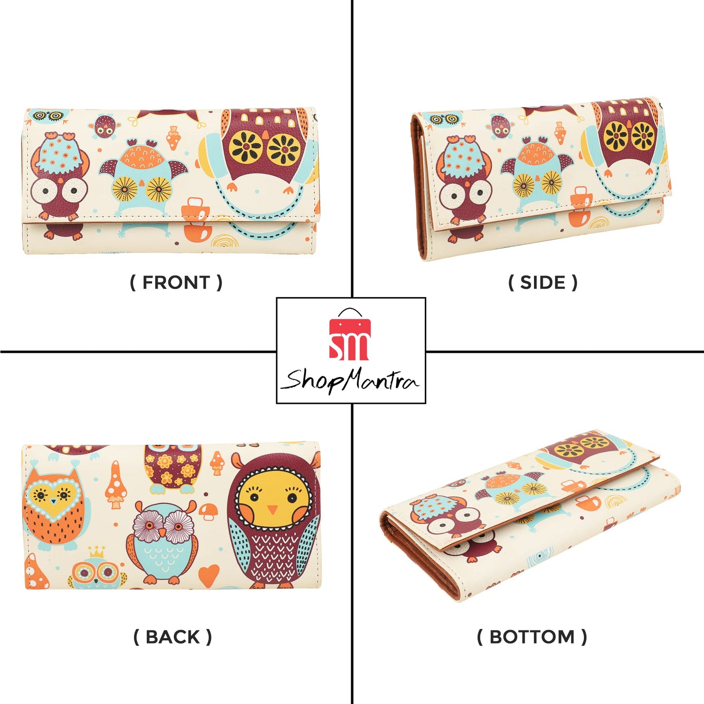 ShopMantra Wallet for Woman | Cute Owl Print Faux Leather Purse for Girls | Stylish Trifold Clutch with Card Slots & Coin Pocket
