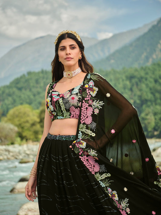 Divine Exim Women's Georgette Semi Stitched Lehenga Choli with Dupatta | Thread and Sequin Embroidery Pattern | Traditional, Wedding, Ethnic Wear Lehenga