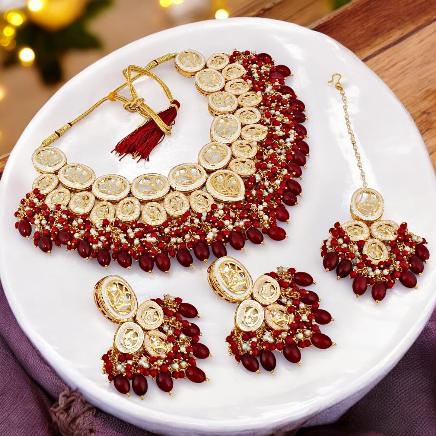 Lucky Jewellery Womens Back Meenakari 18K Gold Plated Maroon Color Set With Earring And Mang Tika Combo Uncut Big Faux Kundan Choker Necklace Set (2415-J5SK-1815-M)