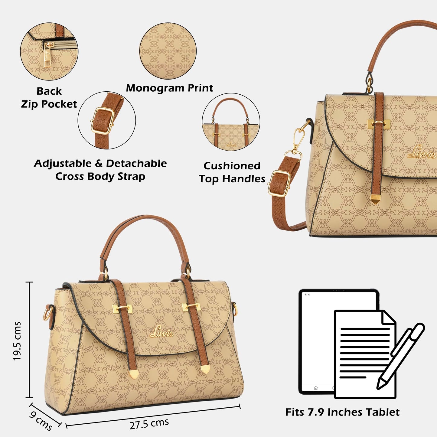 Lavie Women's Mono Beech Flap Satchel Bag for Women | Satchel Handbag for Work | Ladies purse | Stylish Shoulder Bag | Gift for Women