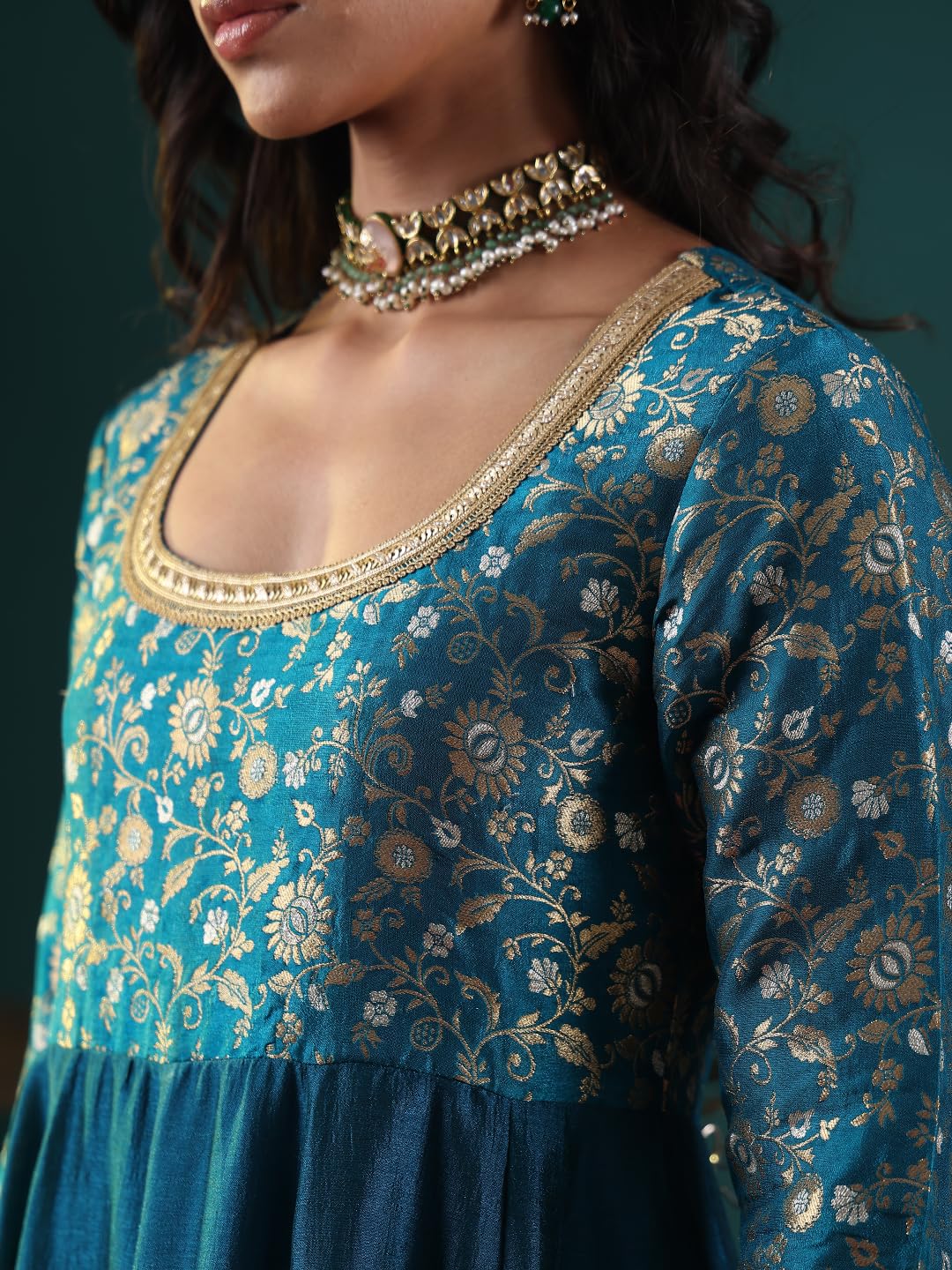 Varanga Women Zari Embroidered A-Line Kurta Set with Bottom & Dupatta – Exquisite Traditional Attire for Festive & Special Occasions