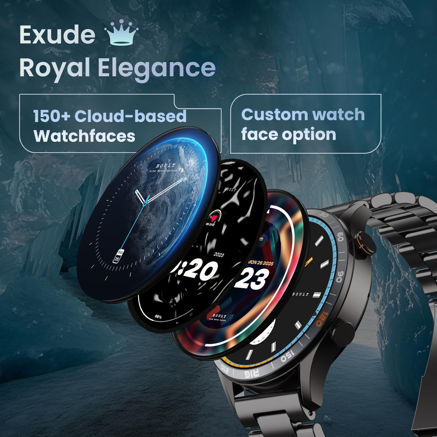 GOBOULT Newly Launched Crown R Pro Smart Watch 1.43''HD AMOLED, BT Calling, Working Crown, Zinc Alloy Frame, 600 Nits Brightness, AI Voice Assistant, SpO2 Monitoring, 120+ Sports Mode (Chrome Rig)