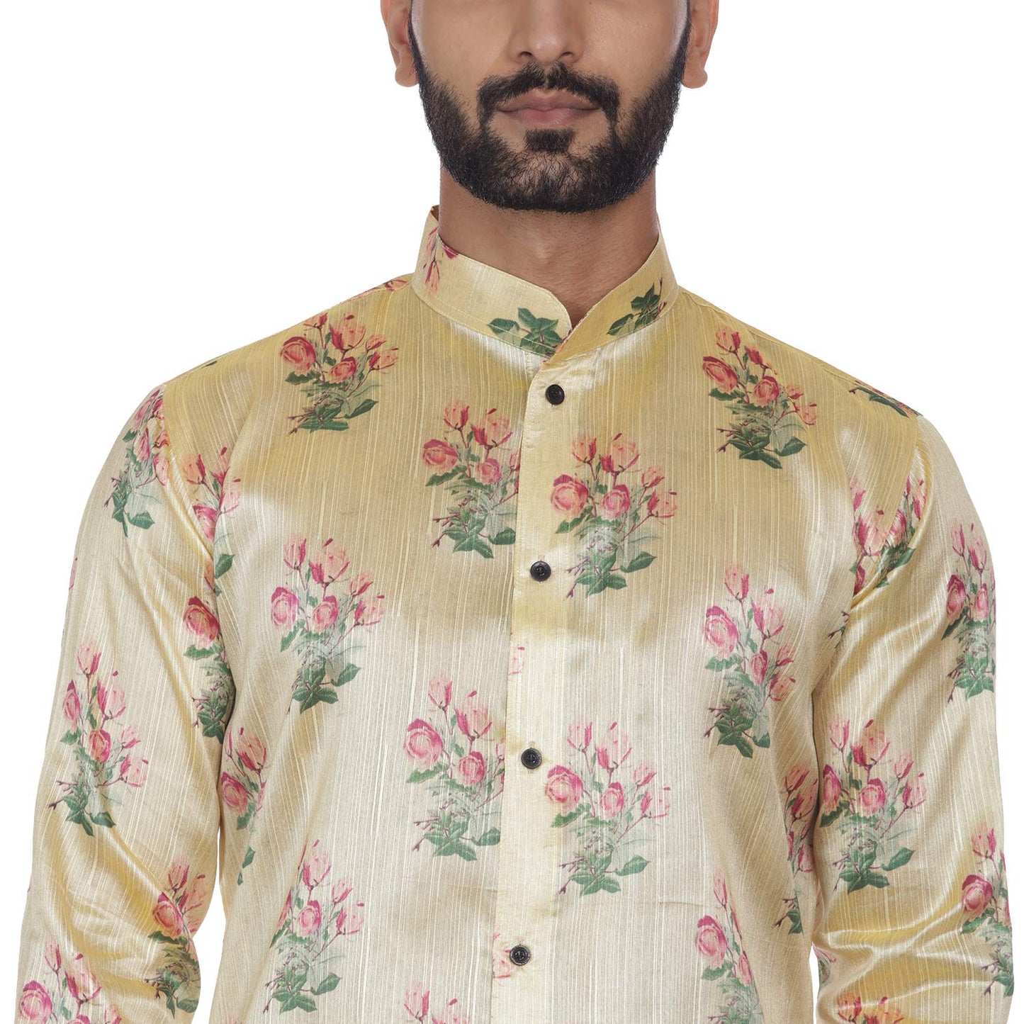 Veera Paridhaan Men's Beige Printed Zig Zag Long Silk Kurta and Black Silk Payjama