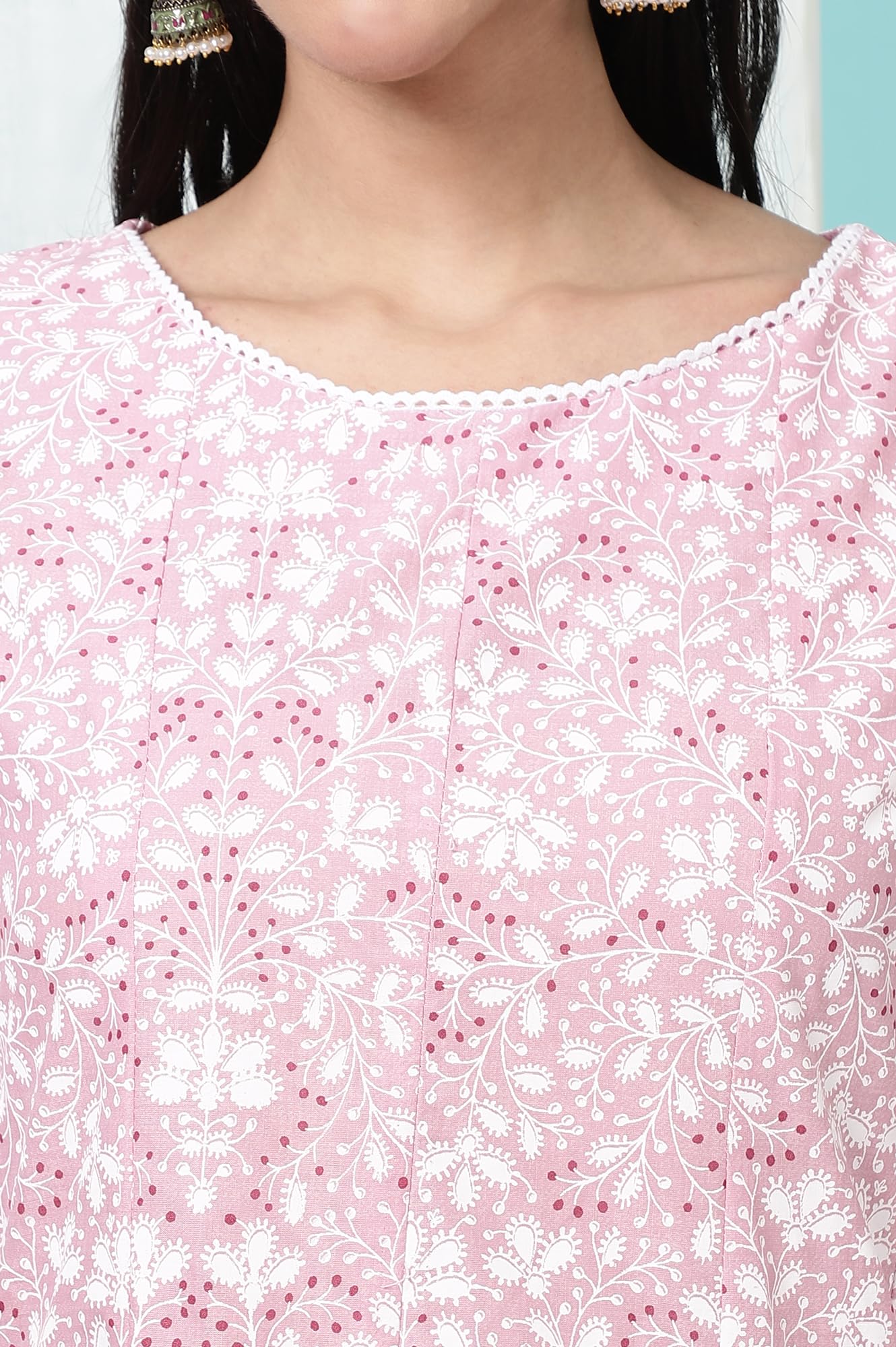 W for Woman Women Pure Cotton Regular Fit Pink Floral Printed Anarkali Kurta (Size: M)-W10817-126110