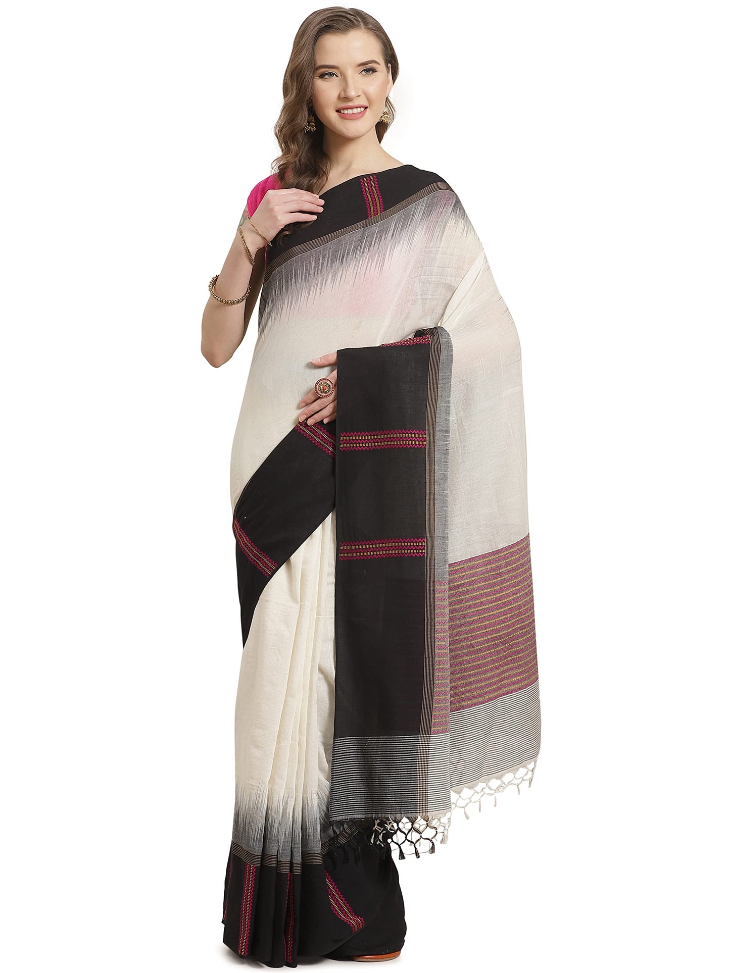 Aditri Women's Handloom Khadi Cotton Saree with Running Blouse (Multicolored)