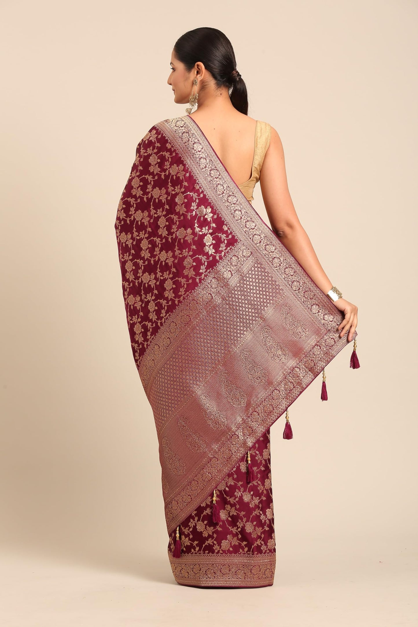 MOHEY Women's Art SilkBel Buti Patterned Zari Weave Saree (Wine)