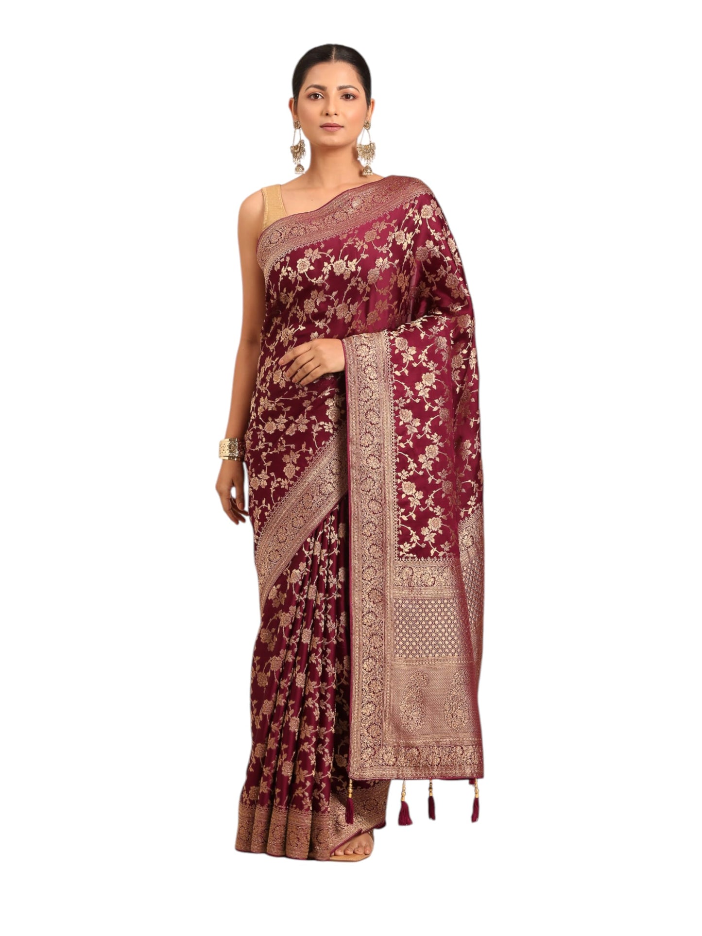 MOHEY Women's Art SilkBel Buti Patterned Zari Weave Saree (Wine)