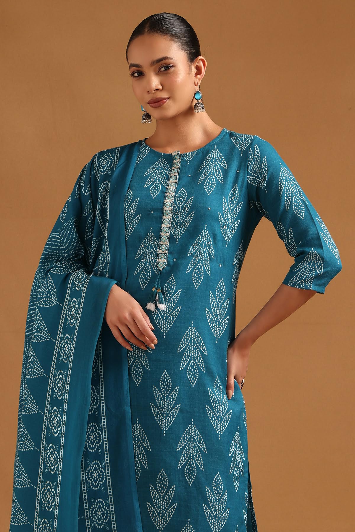 Soch Womens Teal Linen Blend Bandhani Salwar Suit With Faux Mirror And Sequins