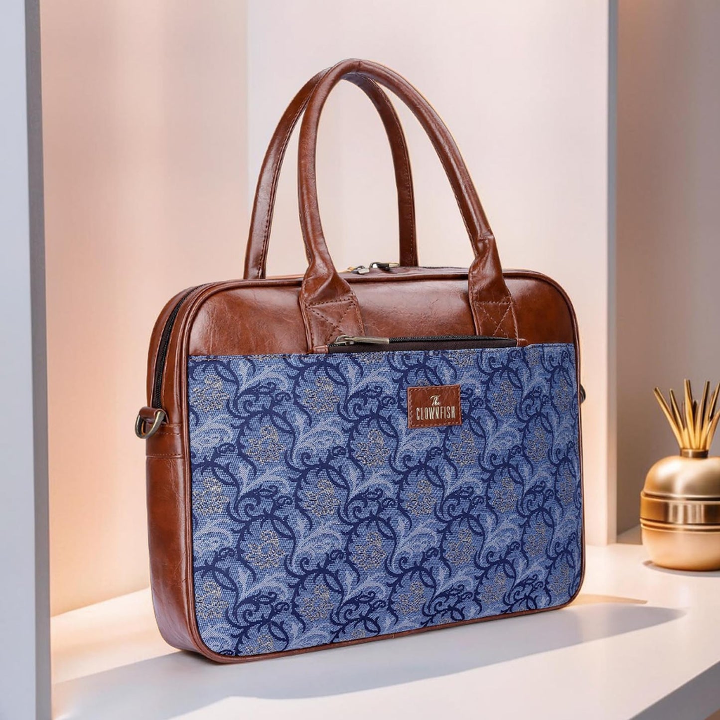 THE CLOWNFISH Deborah series 15.6 inch Laptop Bag For Women Tapestry Fabric & Faux Leather Office Bag Briefcase Messenger Sling Handbag Business Bag (Blue-Floral)