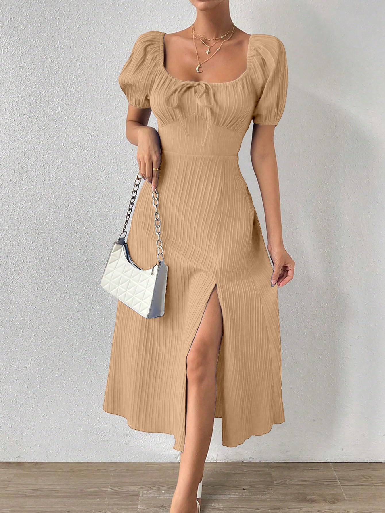 Shasmi Women's & Girl's Beige Tie Front Split Thigh Milkmaid Maxi Dress – Square Neck Puff Sleeve A-Line Long Dress, Elegant Casual & Parties Wear for Ledies (Dress 245 Beige-L)