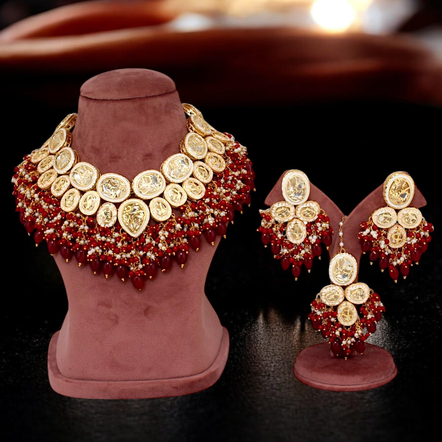 Lucky Jewellery Womens Back Meenakari 18K Gold Plated Maroon Color Set With Earring And Mang Tika Combo Uncut Big Faux Kundan Choker Necklace Set (2415-J5SK-1815-M)