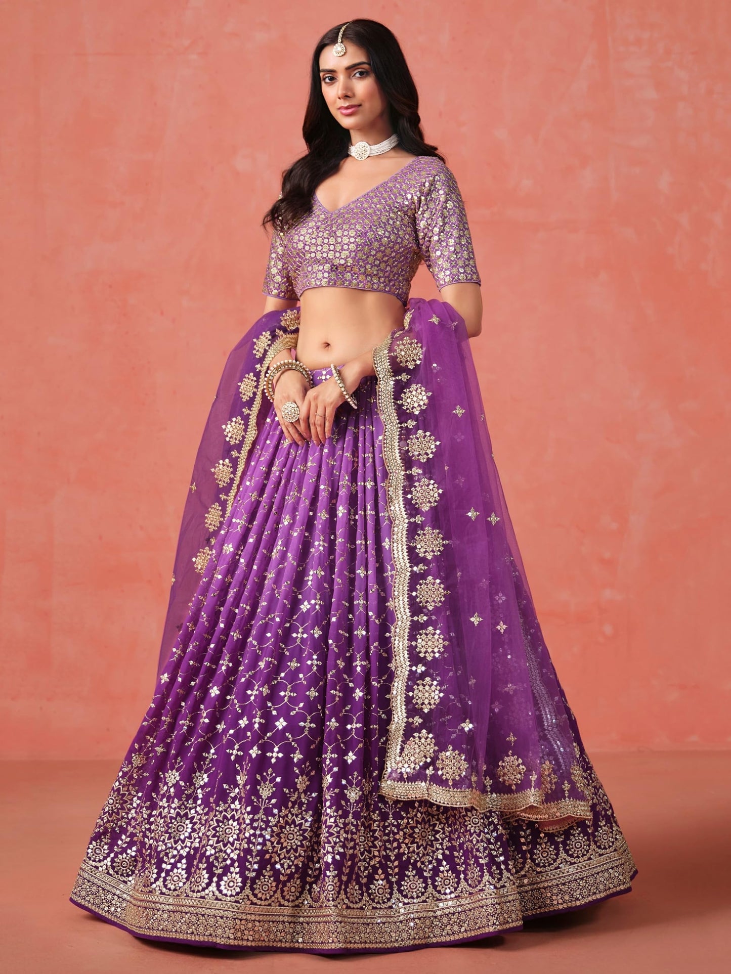 Zeel Clothing Women's Sequins Zari Embroidered Georgette Lehenga Choli With Dupatta (7086-Women-Lehenga-Choli-Latest, Free size) (Purple)
