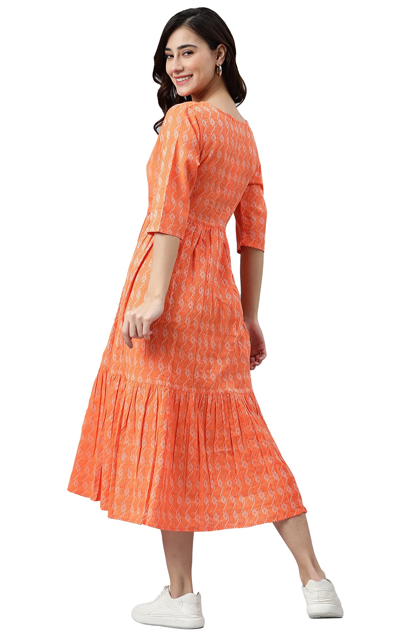 Janasya Women's Orange Cotton Woven Design Tiered Western Dress(JNE3870-DR-XXXL)