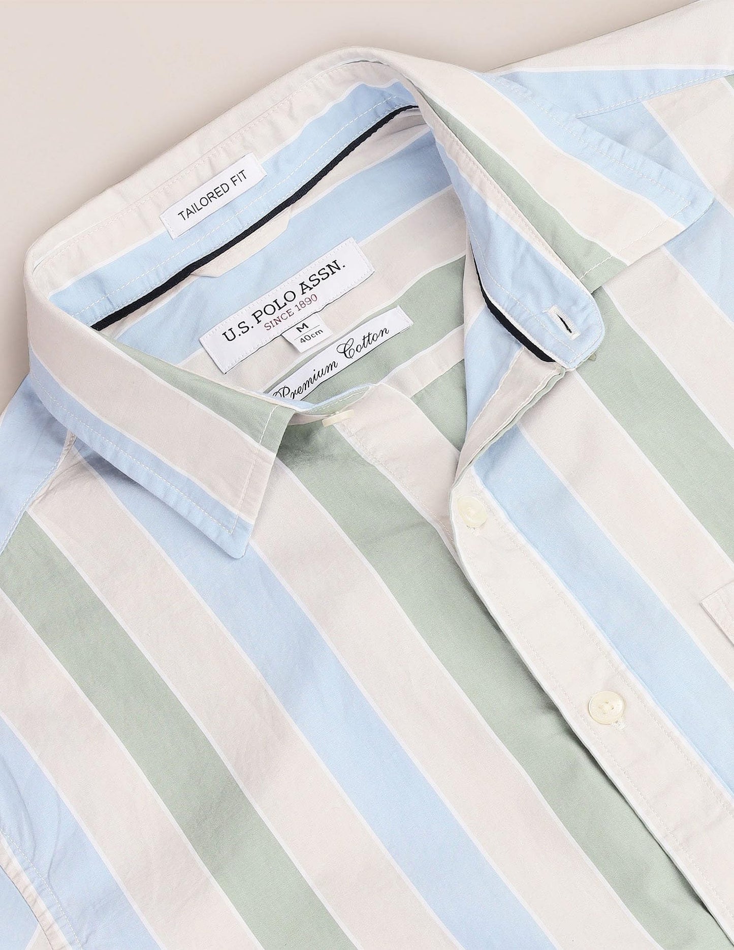U.S. POLO ASSN. Men's Striped Regular Fit Shirt (USSHT1910_Beige, Blue and Green