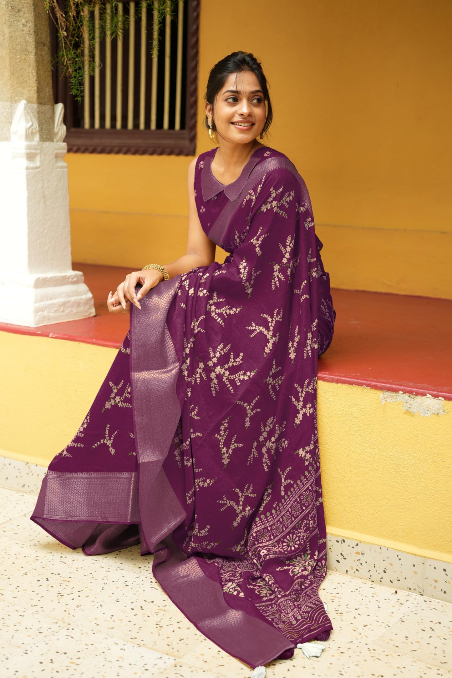 MIRCHI FASHION Women's Cotton Silk Floral Printed Saree with Blouse Piece (50746 - Dark Magenta, Multicolor)