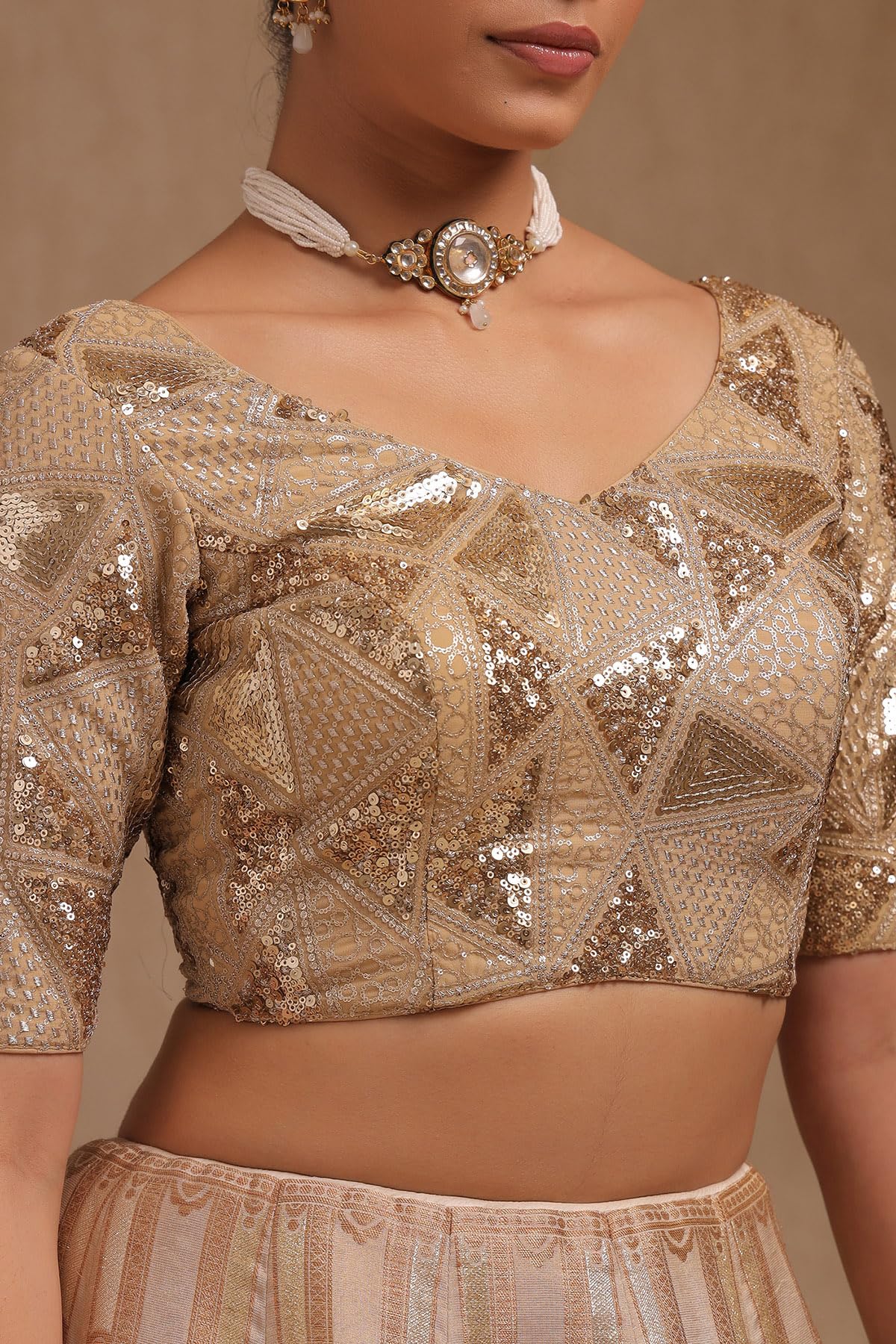 Soch Women's Georgette Embellished Short Sleeves Regular Fit Blouse (BLHSSEQ00727_Beige 38)