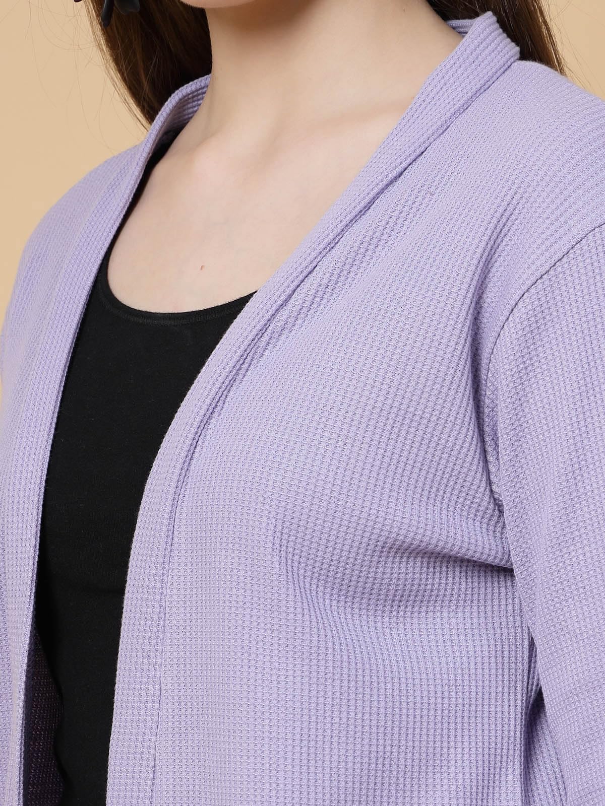 Rigo Cotton Front Open Shrug for Women | Stylish, Slim Fit, Long | Casual Wear, Solid Full Sleeves With Pockets (Light Purple, Free Size)