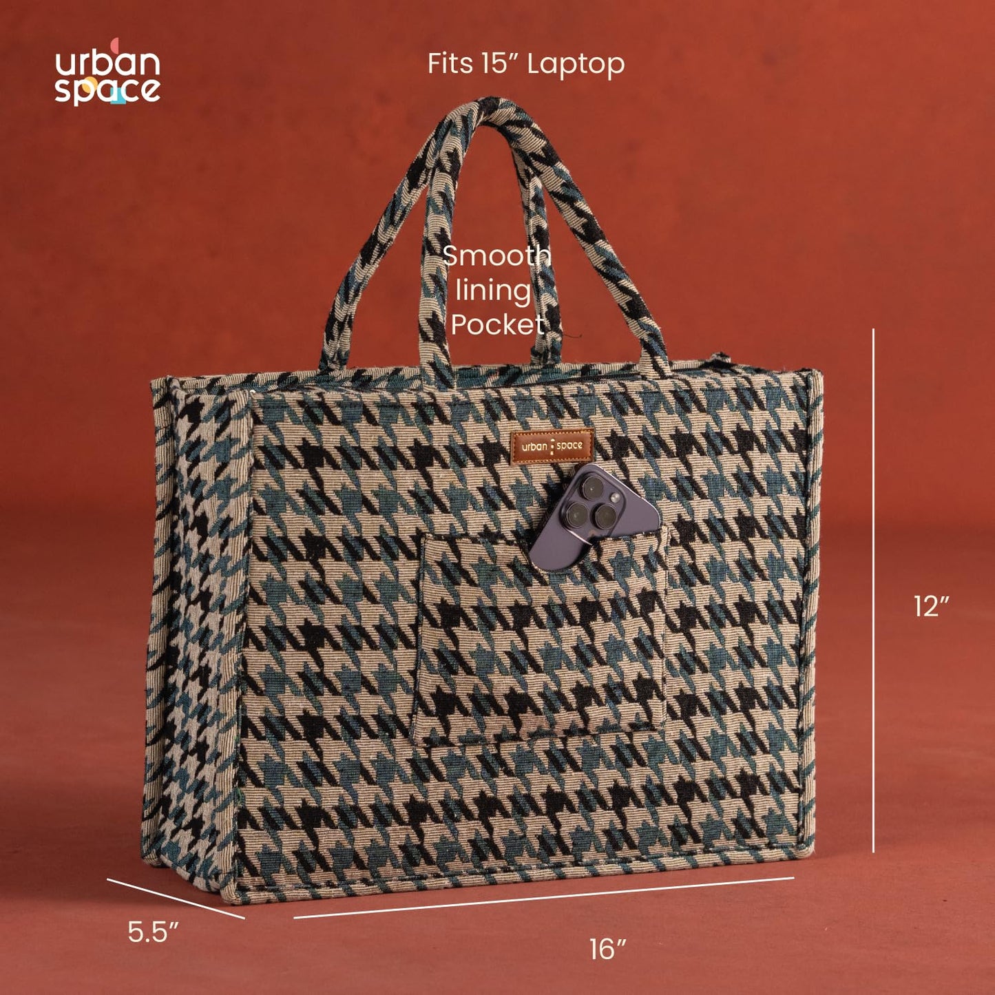 Urban Space Women Canvas Tote Bag, Stylish & Multisection Cotton Jacquard Handbag with Zip closure, Handcrafted Padded Laptop Bag for 16" laptop | Shopping Shoulder Bag - Houndstooth
