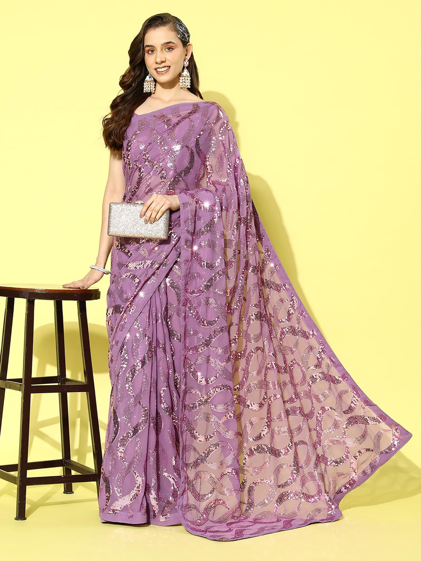 AKHILAM Women's Lavender Embellished Georgette Saree With Unstitched Blouse Piece