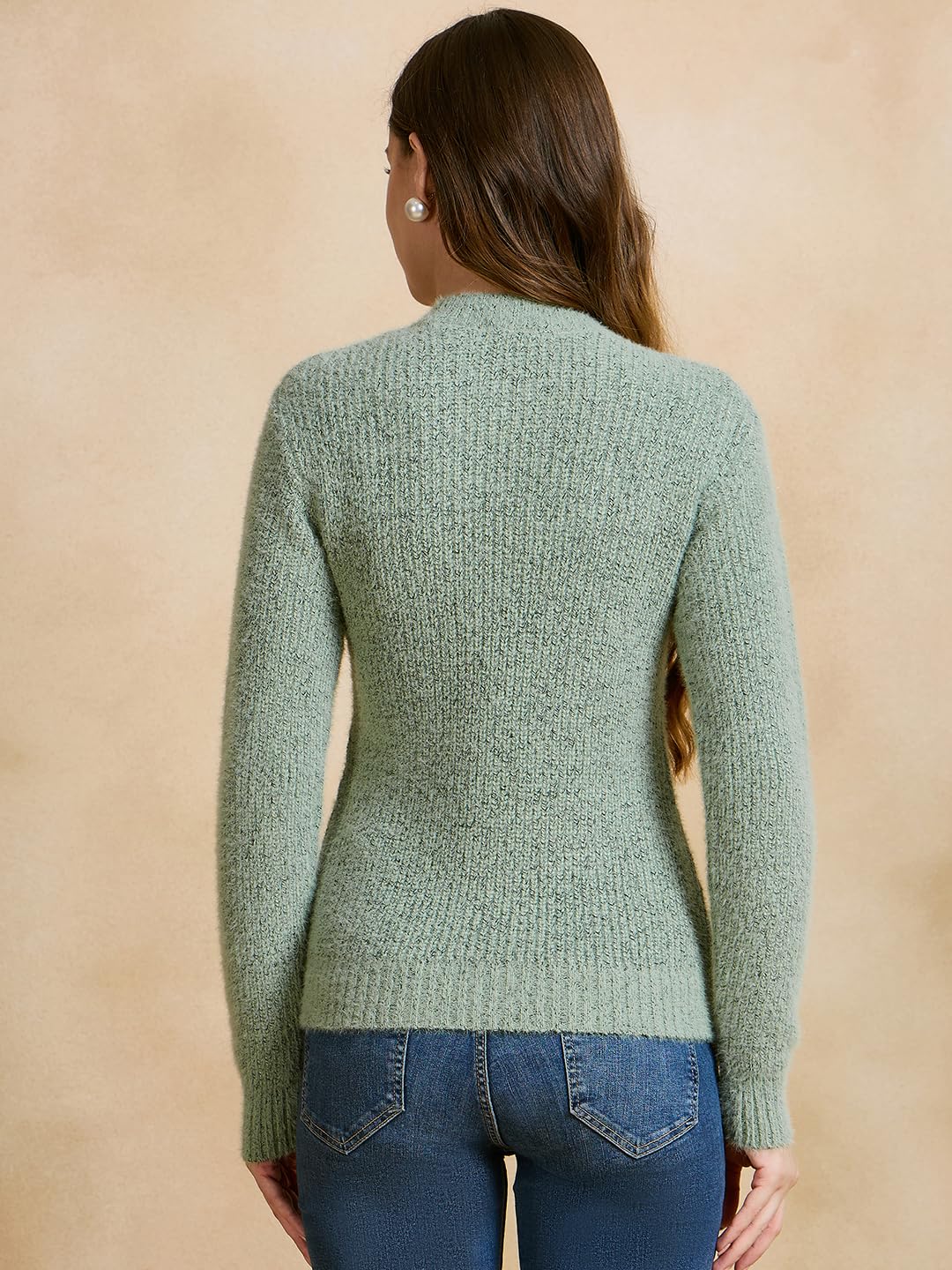 Clapton Women's Floral Embroidered Knitted Pullover Sweater, Long Sleeve, Round Neck, Casual (in, Alpha, L, Regular, Pista)