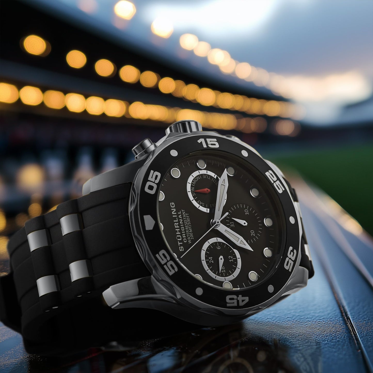 Stuhrling Men's Multi-Function Watch, 44mm Black Dial, Silver Case, Black Silicone Band