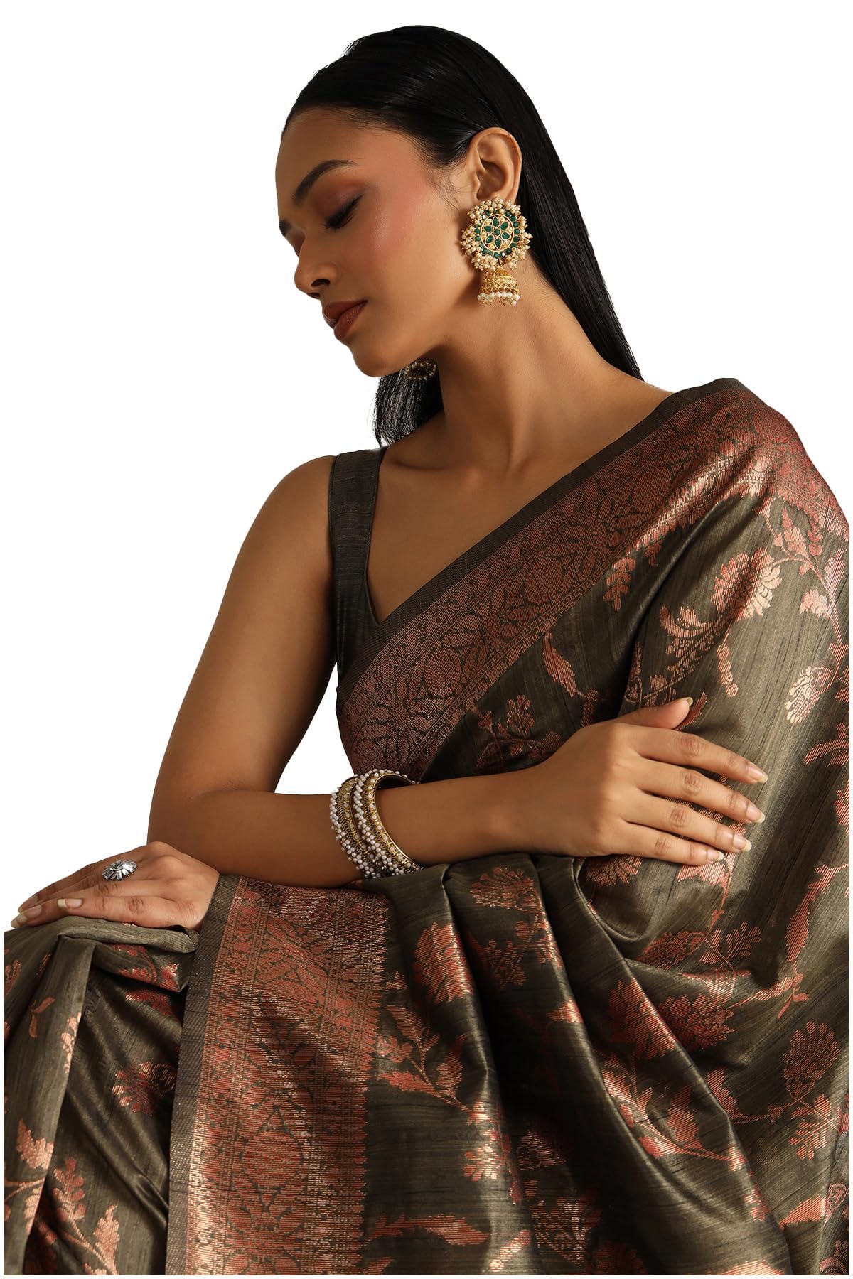 Soch Womens Olive Tussar Floral Print Saree With Zari Woven