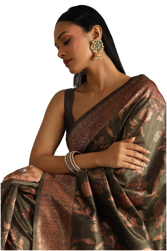 Soch Womens Olive Tussar Floral Print Saree With Zari Woven