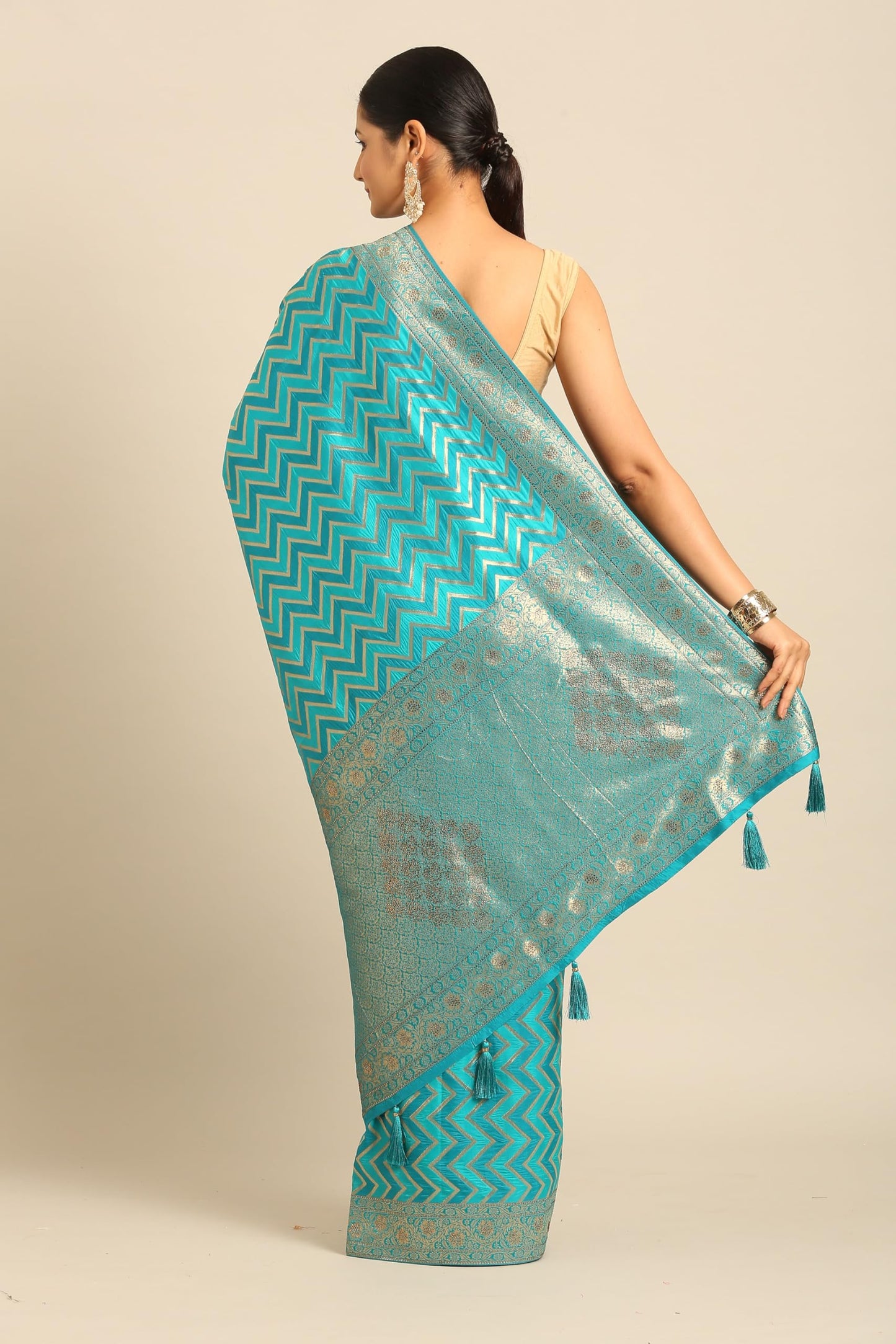 MOHEY Women's Blue Art Silk Embroidered|Zari Weave Saree