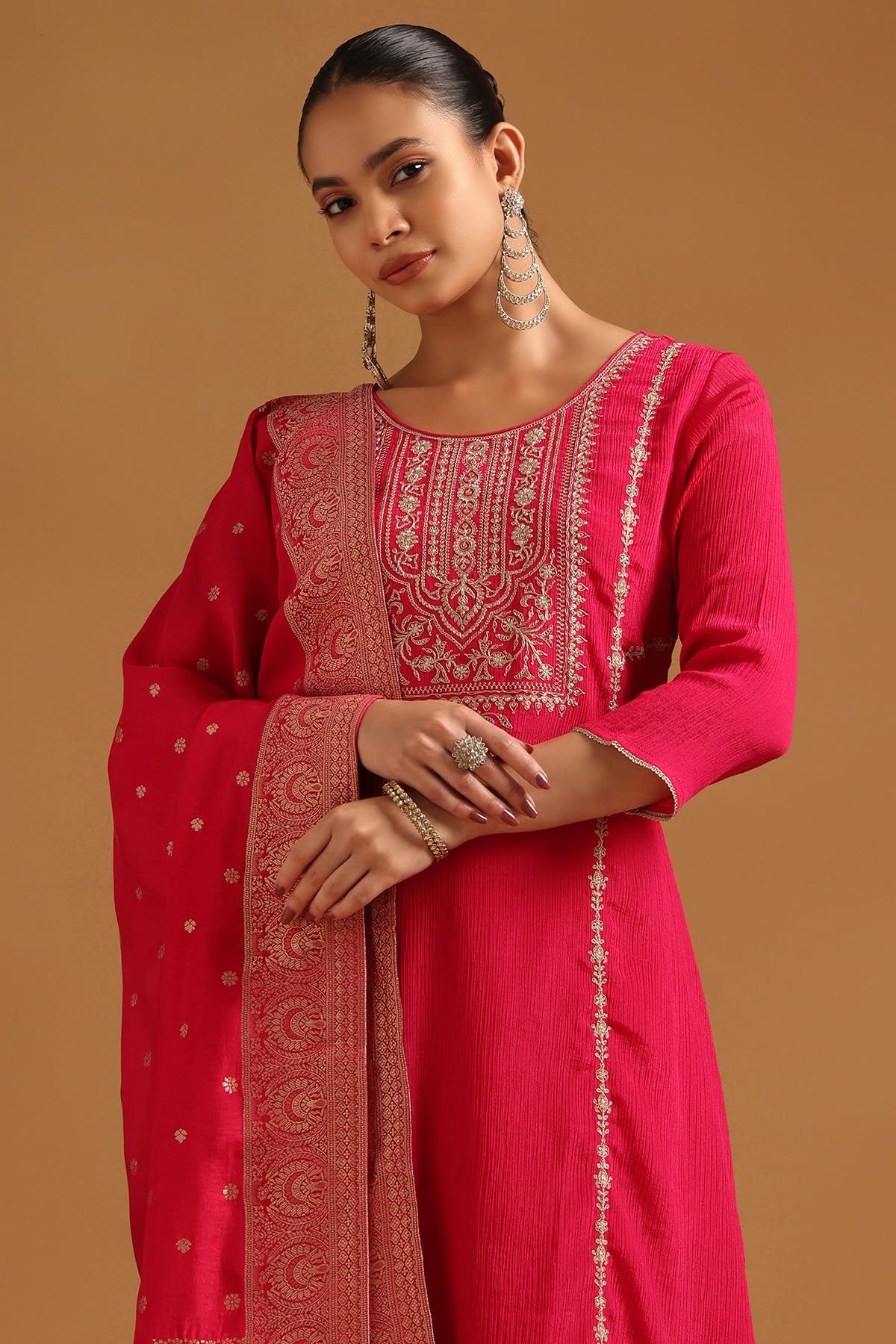 Soch Womens Fuchsia Chinon Ethnic Motifs Salwar Suit With Zari