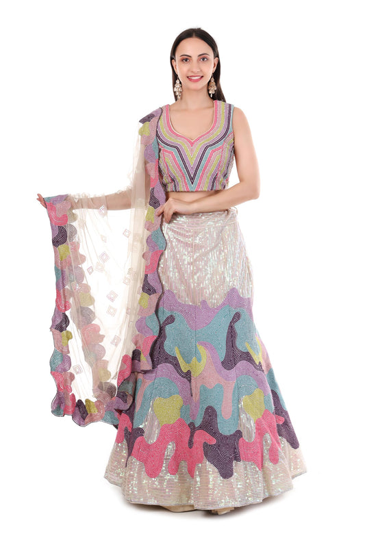 SWAPNIL BY AL Women's Designer Lehenga Choli Set With Sequin Embroidery & Net Dupatta | Off-White Multicolor | Size - M