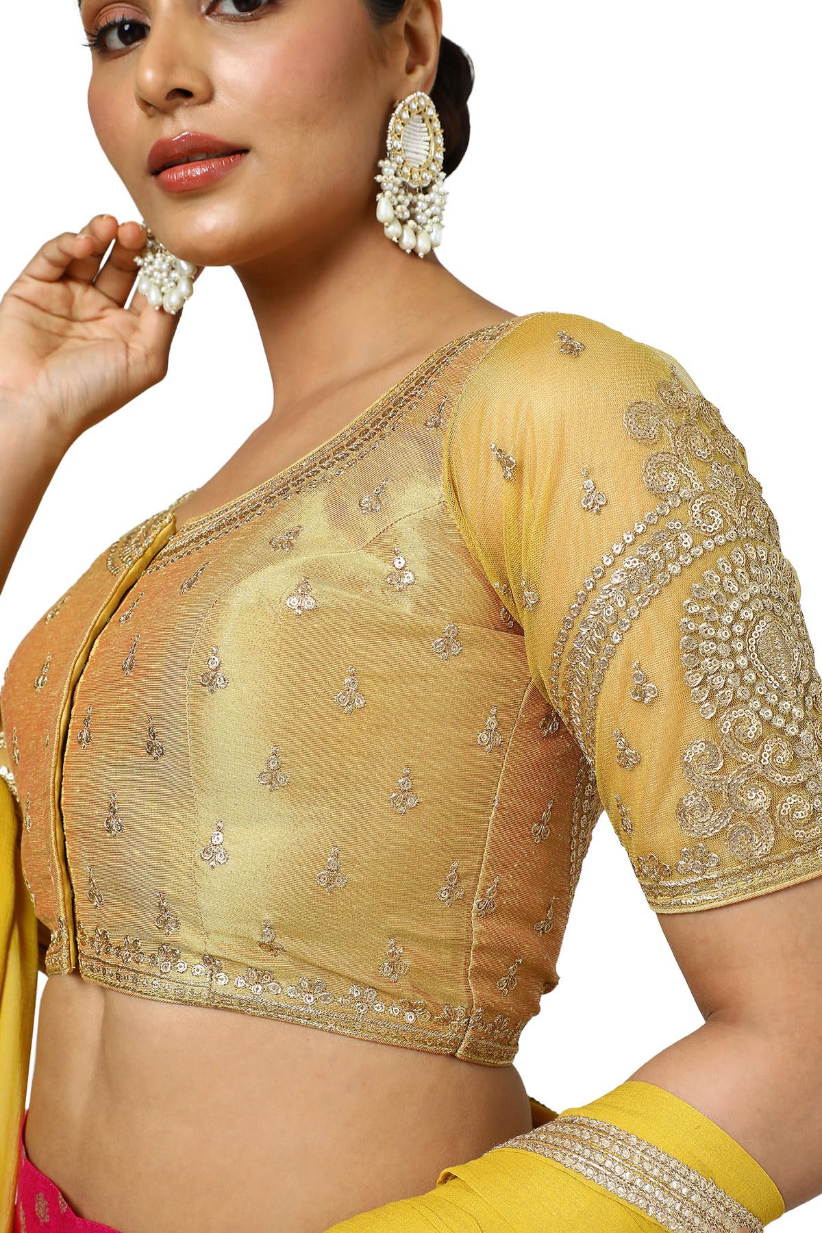 Soch Women's Tissue Embroidered Sleeveless Regular Fit Blouse (BLHSEMB00651_Mustard 34)