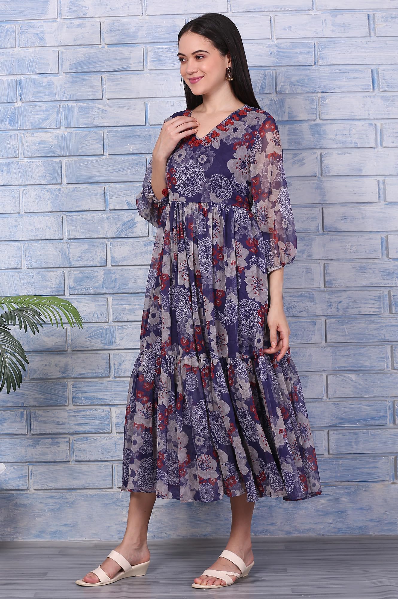 W for Woman Purple Floral Printed Chiffon Gathered Dress (Size: XL)-W12804-125946