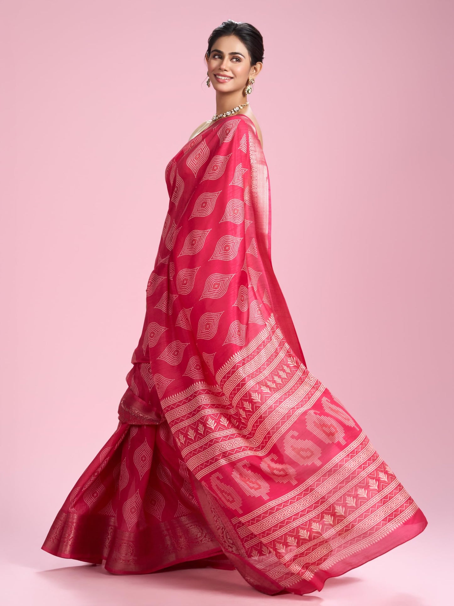 MOHEY Women's Art Silk Printed, Weave Saree with Blouse Piece(Rani)