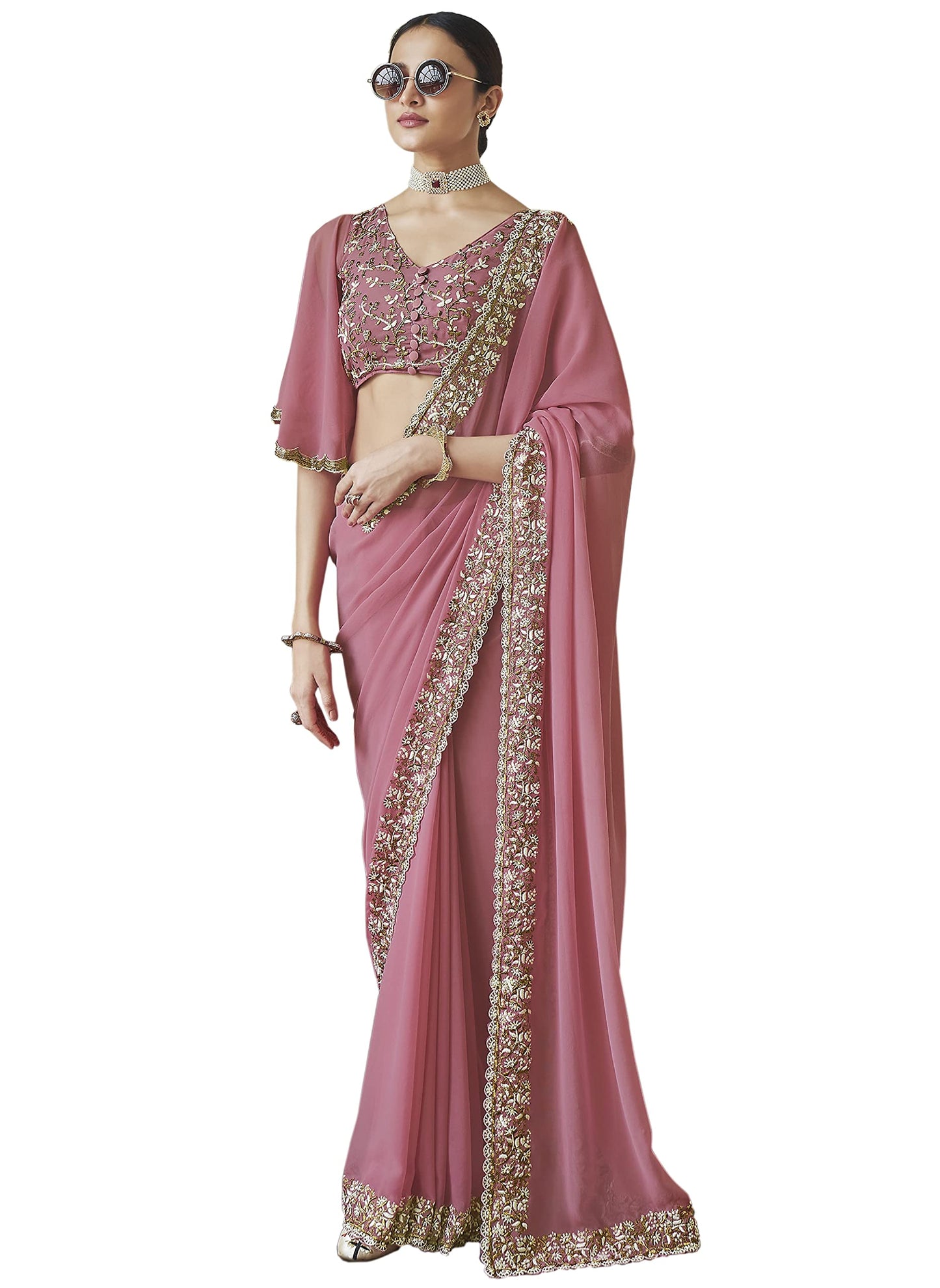 TRENDMALLS Women's Georgette Embroidery Sequin Work Saree with Unstitch Blouse Piece (K1001-Pink-)