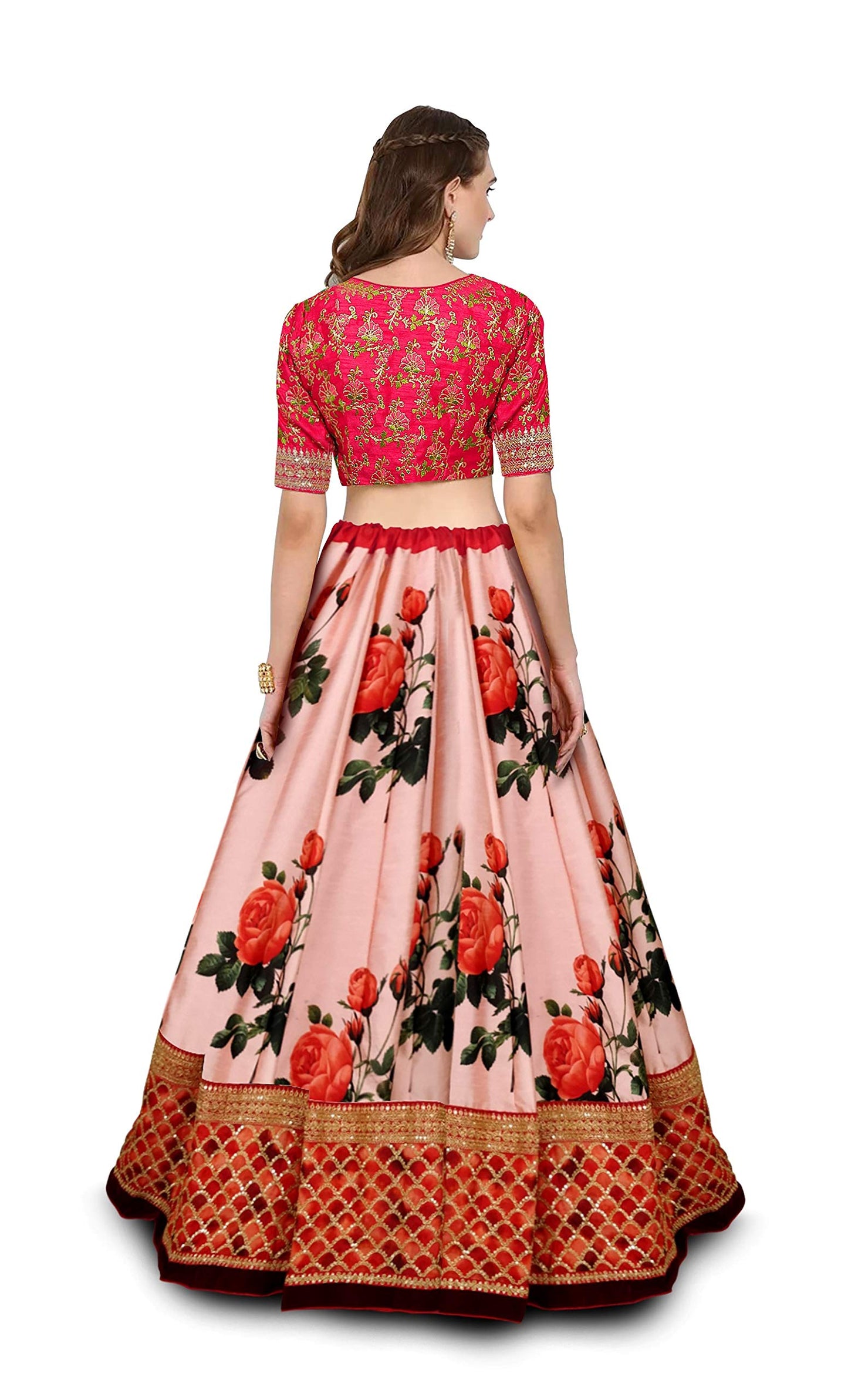 Zeel Clothing Women's Faux Silk Semi stitched Lehenga Choli (7002_Pink_Free Size)