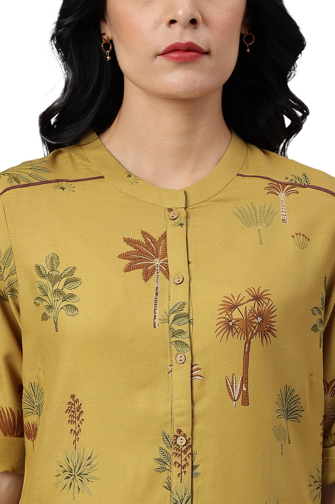 W for Woman Mustard Rayon Printed Button Down Kurta