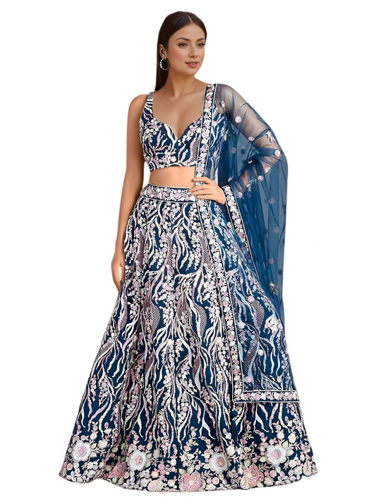 Zeel Clothing Women's Sequins Embroidered Work Soft Net Designer Lehenga Choli With Dupatta (6033-Blue-Wedding-Stylish-Lehenga-Choli-Latest; Free Size)