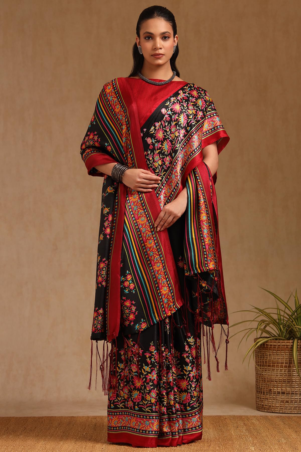 Soch Womens Black Pashmina Floral Print Saree