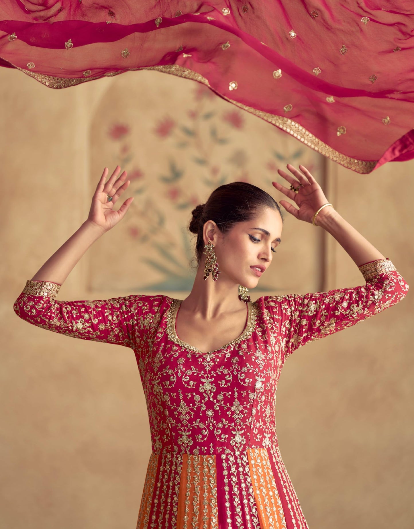 Miss Ethnik Women's Pink Chinon Stitched Gown With Dupatta 3/4 Sleeve Embroidered Anarkali Gown (ME-1231-Pink-3XL)