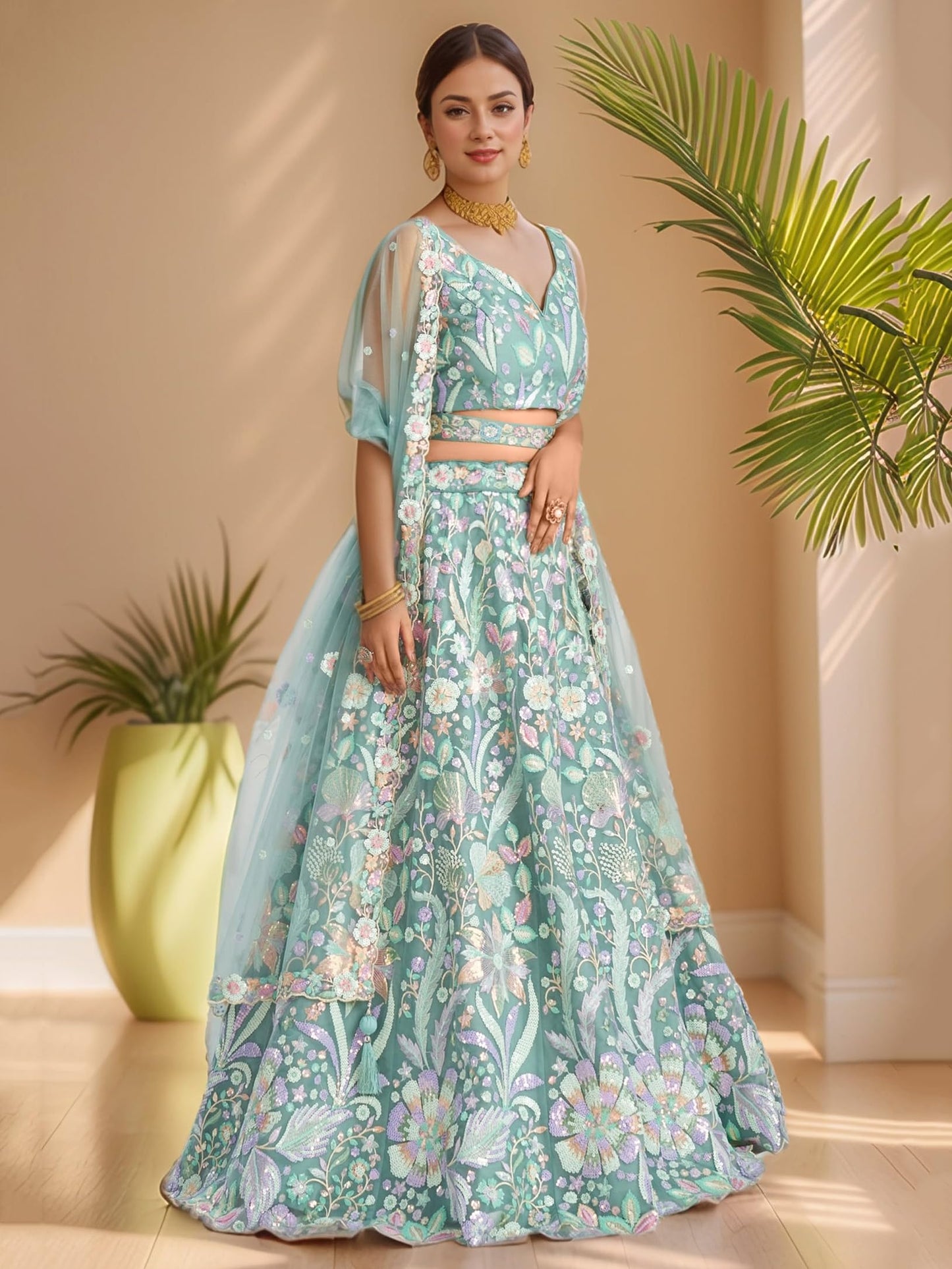 Zeel Clothing Women's Sequins Embroidered Work Soft Net Lehenga Choli With Dupatta (6020-Women-Lehenga-Choli-Latest; Free size) (White) (SkyBlue)