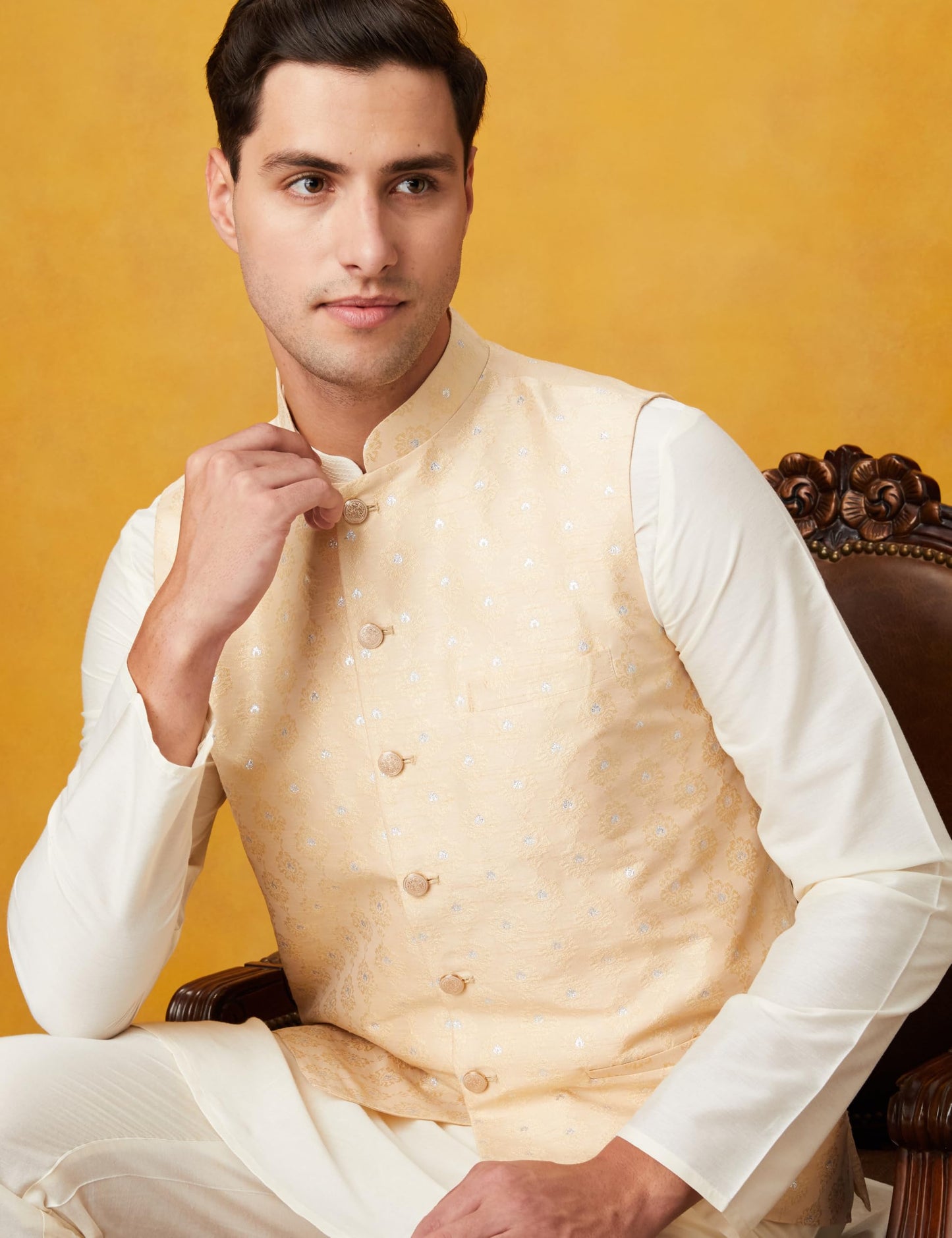 Symbol Premium Rayon Blend Men's Festive Geometric Nehru Jacket Kurta Pant Set (3pcs) (SP-M-A24-ET-501_OFF WHITE/L.YELLOW_2XL)