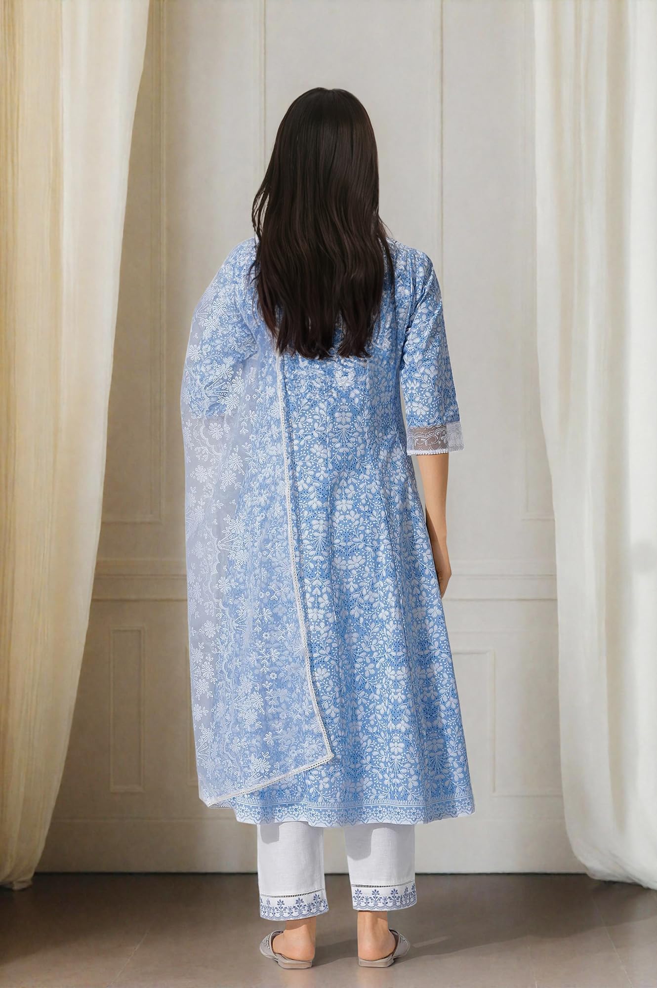 W for Woman Light Blue Floral Printed Flared Kurta, Straight Pants and Dupatta Set (Size: M)-24ONWS10817-123072