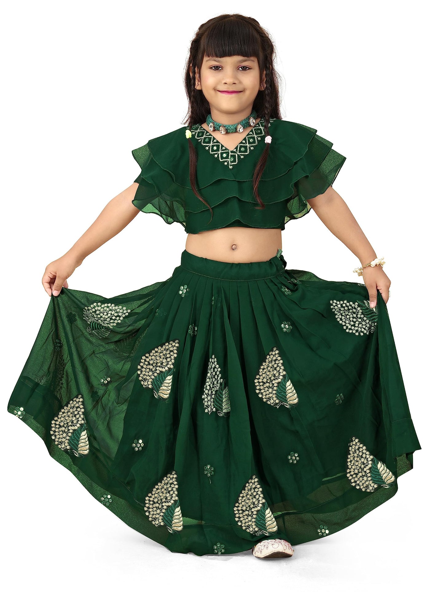 Tejam Kid's Girls Georgette Traditional Kids Lehenga Choli for Celebrations Colorful Ethnic Kids Lehenga Choli Set (6-7 Years, Green)